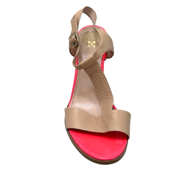 VINCE CAMUTO BEIGE & HOT PINK NOVASI BLOCK HEEL T STRAP SANDAL - Picture 4 of 16